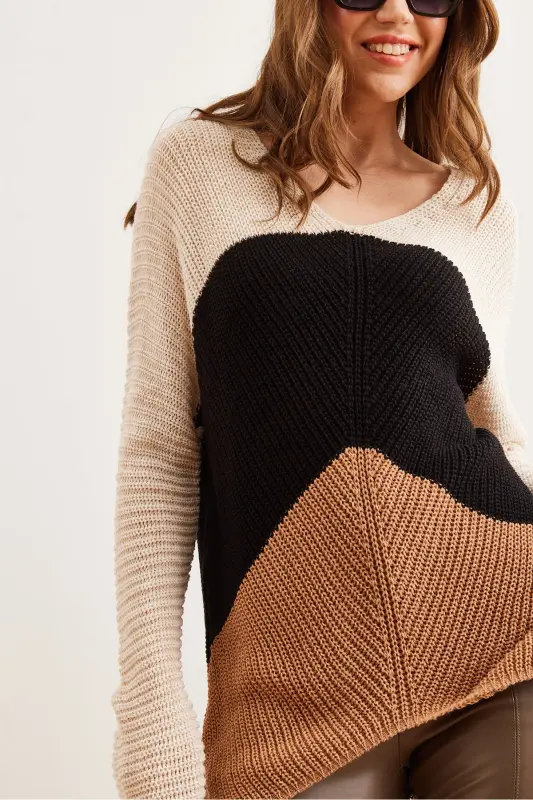 Women's Tan Black Color Block Striped Knit Sweater KZK-19000920 - 6