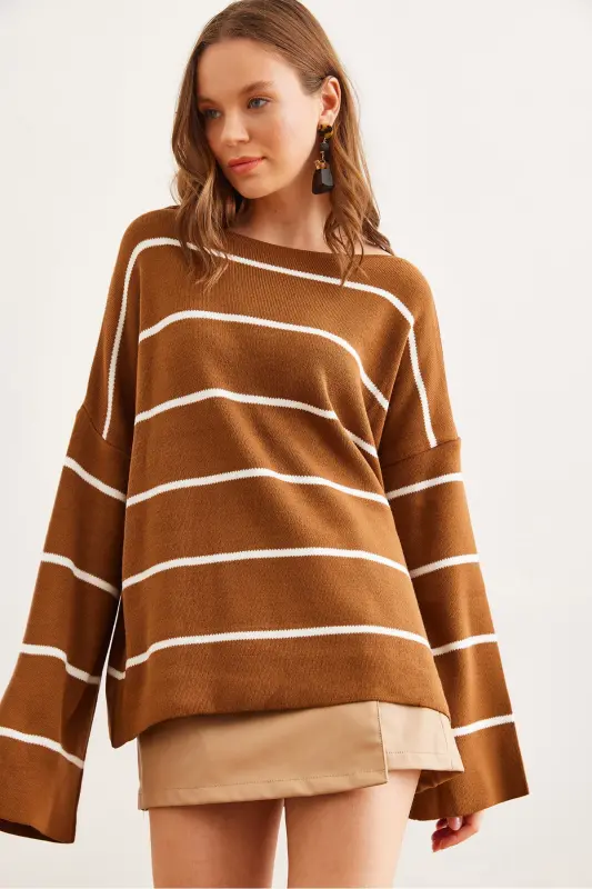 Women's Tan Boat Neck Striped Loose Knit Sweater KZK-19000921-Tan - 10