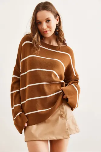 Women's Tan Boat Neck Striped Loose Knit Sweater KZK-19000921-Tan - 12