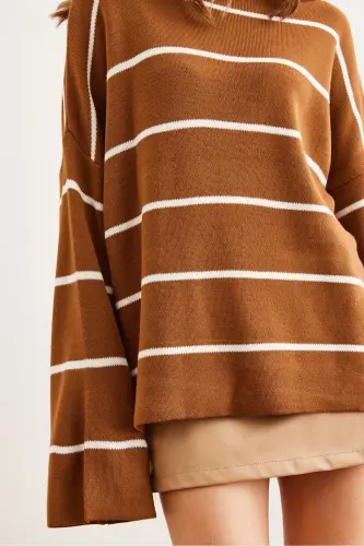 Women's Tan Boat Neck Striped Loose Knit Sweater KZK-19000921-Tan - 16