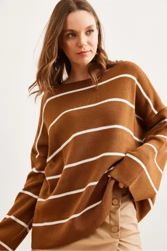 Women's Tan Boat Neck Striped Loose Knit Sweater KZK-19000921-Tan - 5