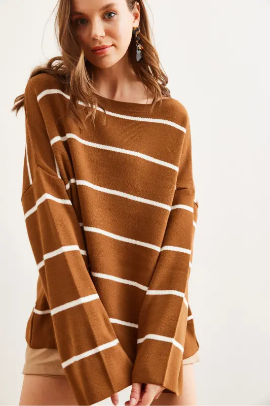 Women's Tan Boat Neck Striped Loose Knit Sweater KZK-19000921-Tan - 7
