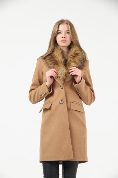 Women's Tan Collared Fur Coat - 3