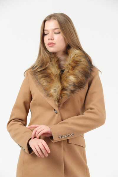 Women's Tan Collared Fur Coat - 4