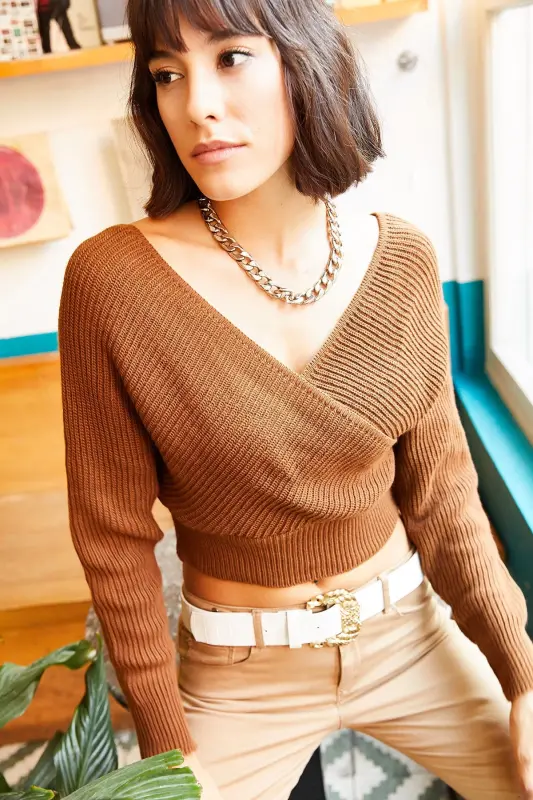 Women's Tan Front Back V Neck Crop Knit Sweater KZK-19000076-Tan - OLALOOK