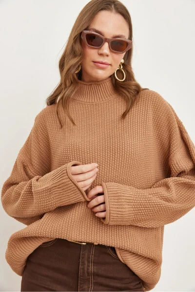 Women's Tan Neck Cuff Folded Honeycomb Knit Sweater KZK-19000825 - OLALOOK (1)
