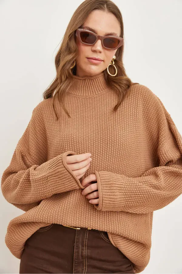 Women's Tan Neck Cuff Folded Honeycomb Knit Sweater KZK-19000825 - 2