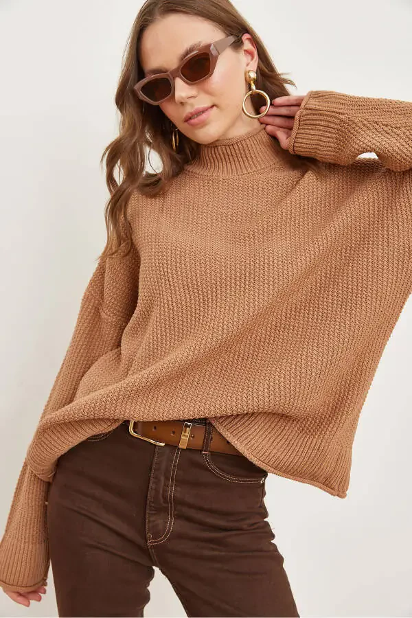 Women's Tan Neck Cuff Folded Honeycomb Knit Sweater KZK-19000825 - 3