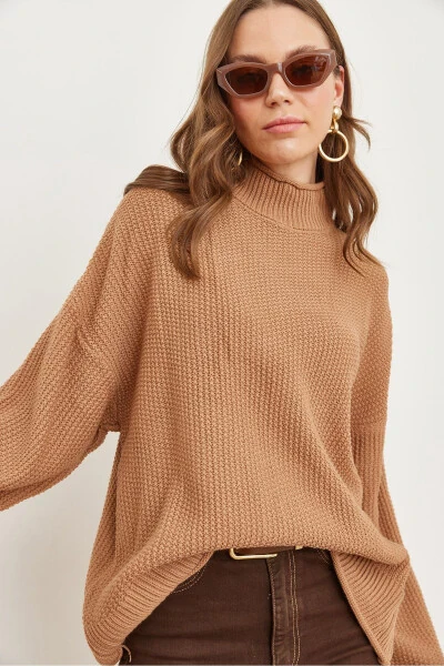 Women's Tan Neck Cuff Folded Honeycomb Knit Sweater KZK-19000825 - 4