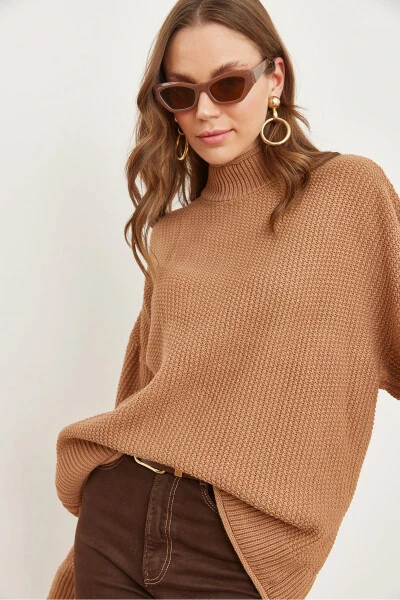 Women's Tan Neck Cuff Folded Honeycomb Knit Sweater KZK-19000825 - 5