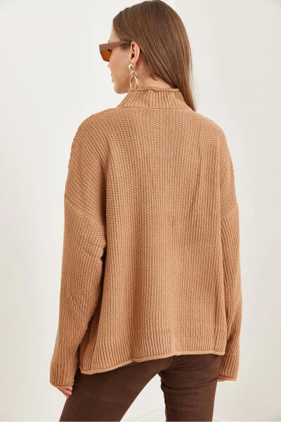 Women's Tan Neck Cuff Folded Honeycomb Knit Sweater KZK-19000825 - 6