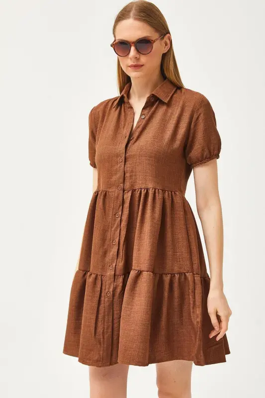 Women's Tan Patchwork Shirt Dress ELB-19002358-Tan - 1