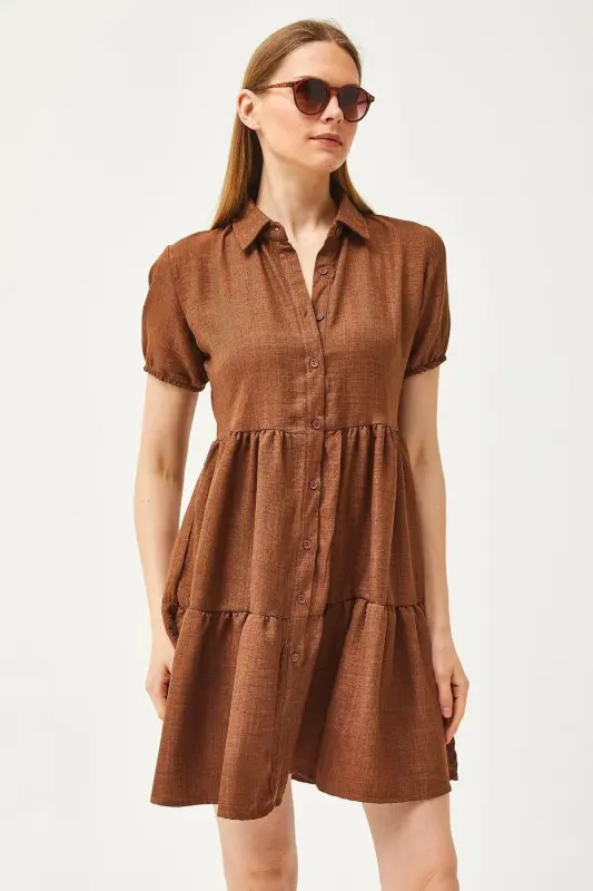 Women's Tan Patchwork Shirt Dress ELB-19002358-Tan - 2