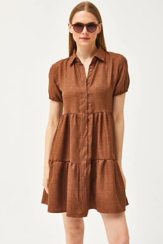 Women's Tan Patchwork Shirt Dress ELB-19002358-Tan - 3