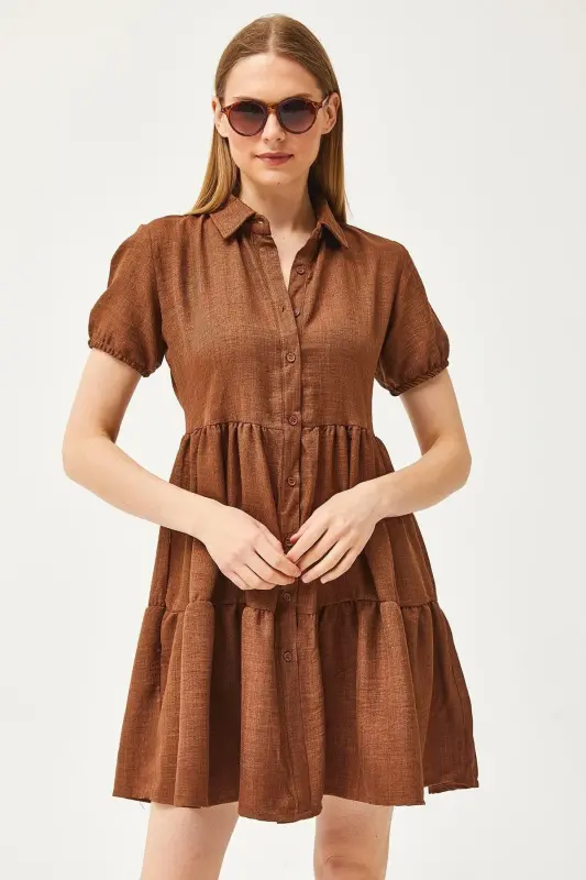 Women's Tan Patchwork Shirt Dress ELB-19002358-Tan - 4
