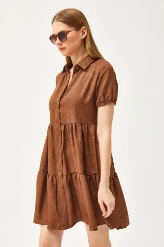 Women's Tan Patchwork Shirt Dress ELB-19002358-Tan - 5