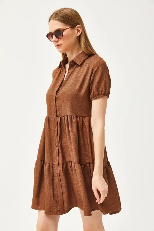 Women's Tan Patchwork Shirt Dress ELB-19002358-Tan - 5