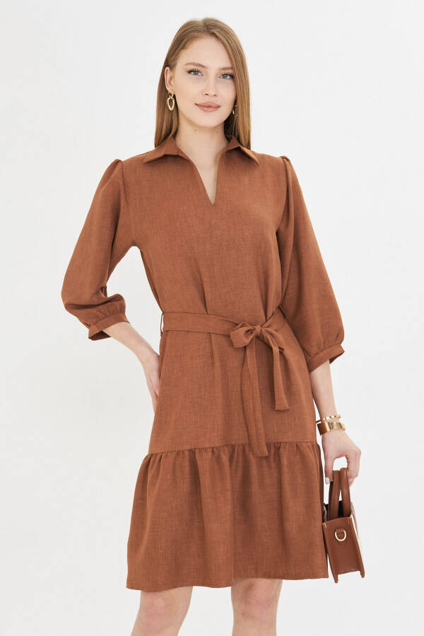 Women's Tan Shirt Collar Quarter Sleeve Belted Skirt - 2