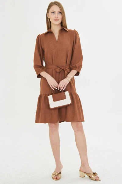 Women's Tan Shirt Collar Quarter Sleeve Belted Skirt - 3