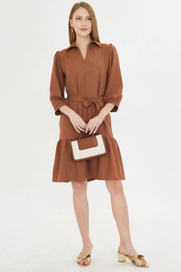 Women's Tan Shirt Collar Quarter Sleeve Belted Skirt - 3