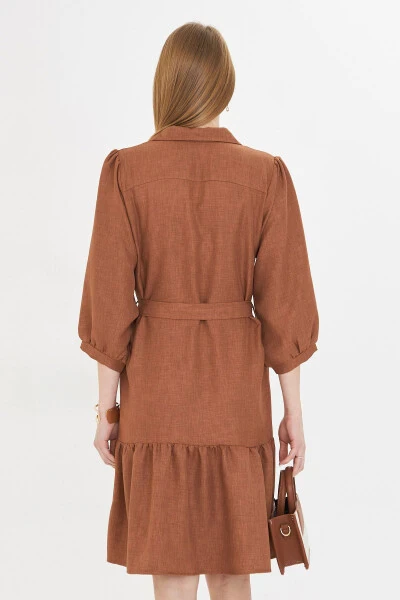 Women's Tan Shirt Collar Quarter Sleeve Belted Skirt - 5