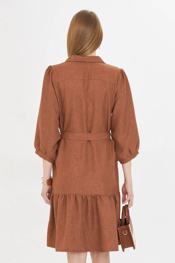 Women's Tan Shirt Collar Quarter Sleeve Belted Skirt - 5