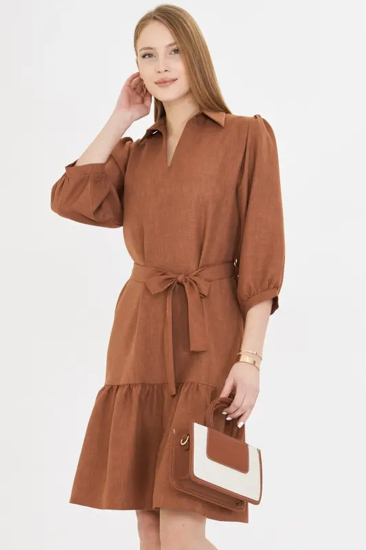 Women's Tan Shirt Collar Quarter Sleeve Belted Skirt - 2