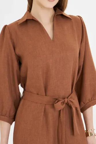 Women's Tan Shirt Collar Quarter Sleeve Belted Skirt - 5