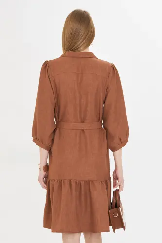 Women's Tan Shirt Collar Quarter Sleeve Belted Skirt - 6