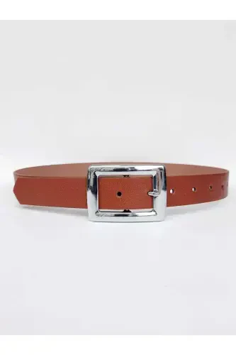 Women's Tan Silver Buckle Belt-Tan - 4