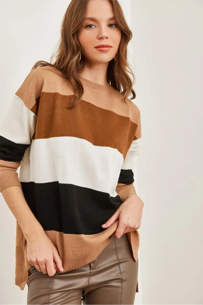 Women's Tan Thick Color Block Knit Sweater KZK-19000824 - 1