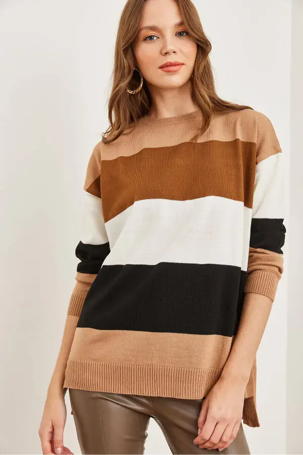 Women's Tan Thick Color Block Knit Sweater KZK-19000824 - 2