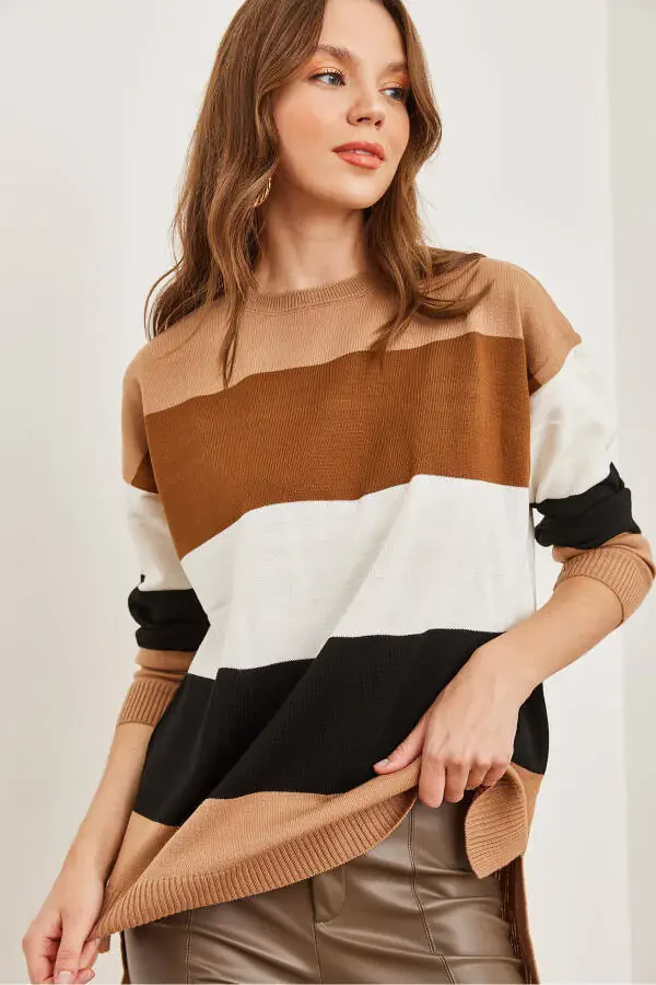 Women's Tan Thick Color Block Knit Sweater KZK-19000824 - 3