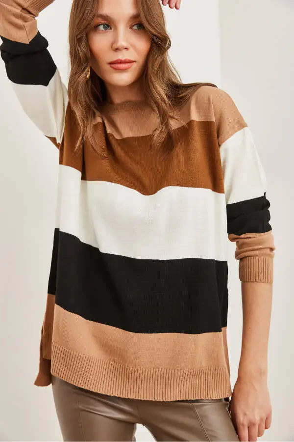 Women's Tan Thick Color Block Knit Sweater KZK-19000824 - 4