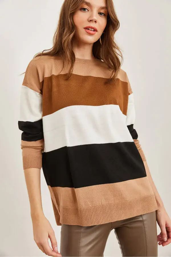 Women's Tan Thick Color Block Knit Sweater KZK-19000824 - 5
