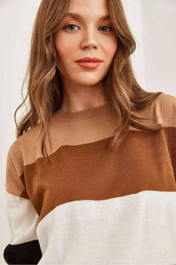 Women's Tan Thick Color Block Knit Sweater KZK-19000824 - 6