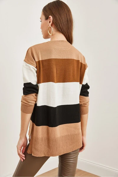 Women's Tan Thick Color Block Knit Sweater KZK-19000824 - 7