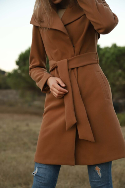 Women's Tan Tonal Wool Fit Coat - 2