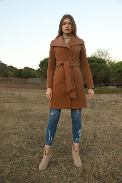 Women's Tan Tonal Wool Fit Coat - 3