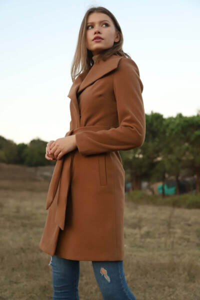 Women's Tan Tonal Wool Fit Coat - 5