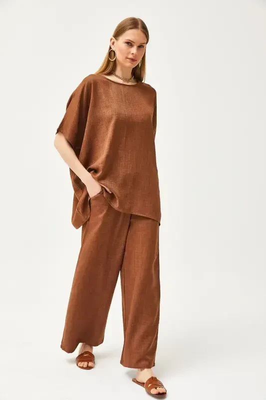 Women's Tan Top Oversized Blouse Bottom Pocketed Palazzo Linen - 3