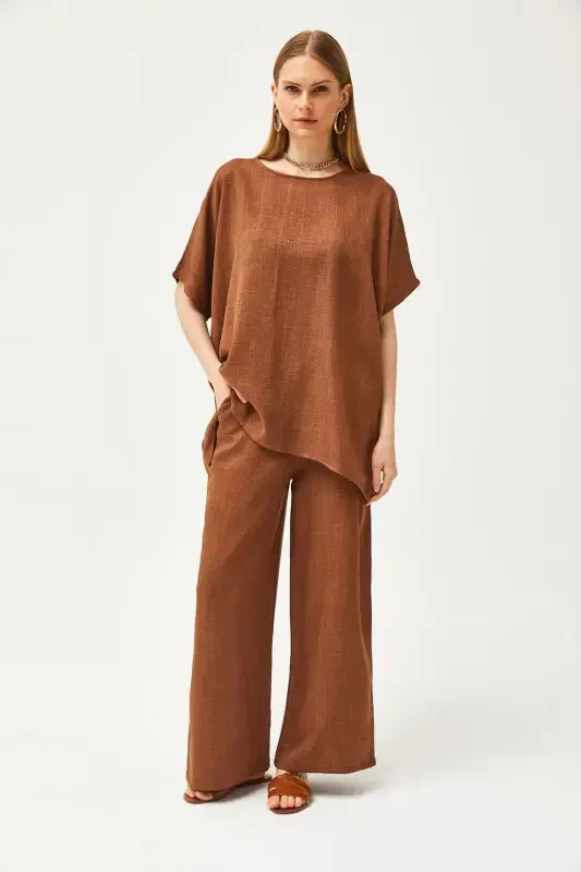 Women's Tan Top Oversized Blouse Bottom Pocketed Palazzo Linen - 4