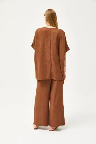 Women's Tan Top Oversized Blouse Bottom Pocketed Palazzo Linen - 6