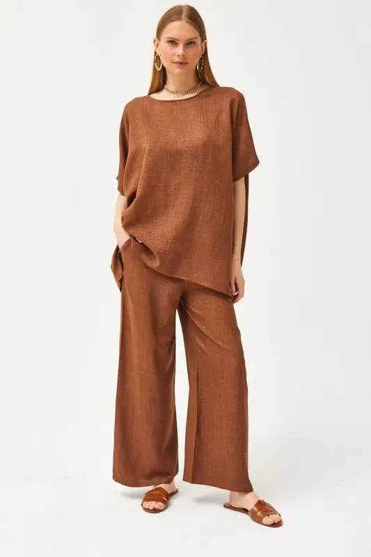 Women's Tan Top Oversized Blouse Bottom Pocketed Palazzo Linen - OLALOOK