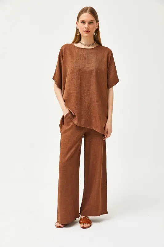 Women's Tan Top Oversized Blouse Bottom Pocketed Palazzo Linen - 2
