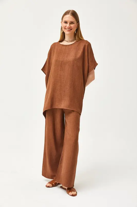 Women's Tan Top Oversized Blouse Bottom Pocketed Palazzo Linen - 5