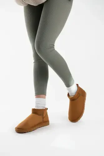 Women's Tan Ultra Mini Suede Short Ankle Winter Warm Fur Lined Winter Sole Boot-Cinnamon - 1