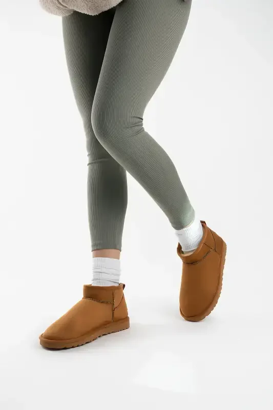 Women's Tan Ultra Mini Suede Short Ankle Winter Warm Fur Lined Winter Sole Boot-Cinnamon - 1