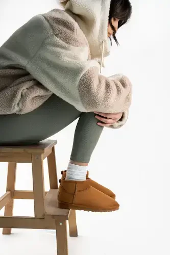 Women's Tan Ultra Mini Suede Short Ankle Winter Warm Fur Lined Winter Sole Boot-Cinnamon - SHUPE (1)