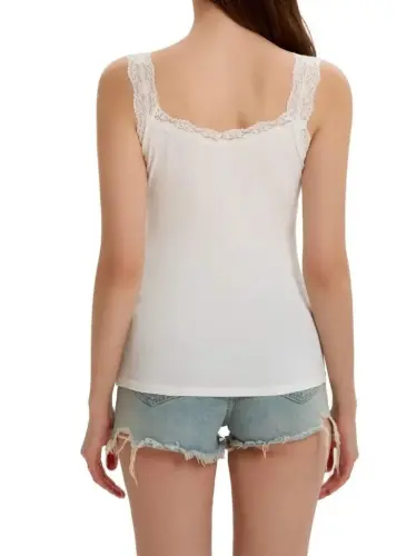 Women's Tank Top Round Neck Lace Detail Ribbed Blouse - 8